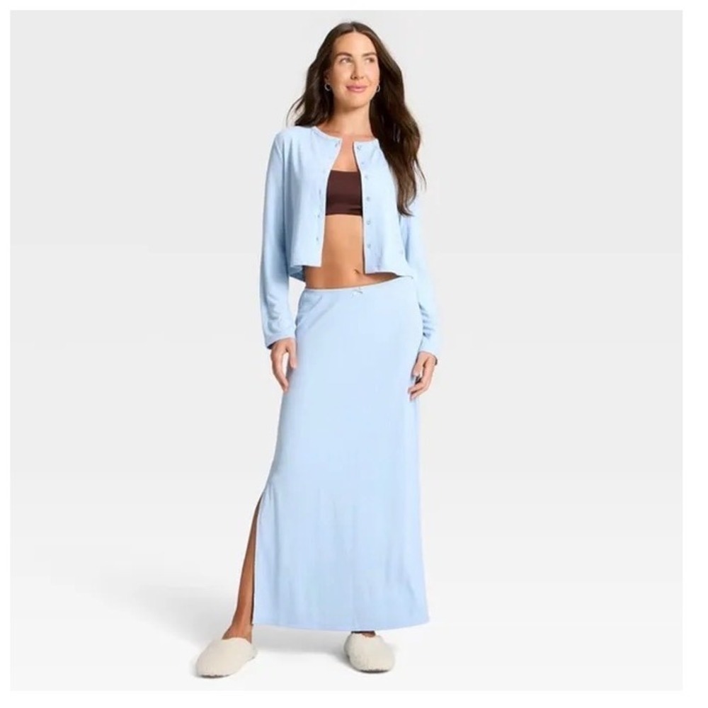 Auden Sleep Skirt XL Blue New Ribbed Maxi Side Slit Bow Detail Loungewear